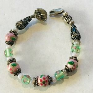 Wedding Cake Beaded Bracelet 6" Childs Pink Green Silver Tone Beads Flowers